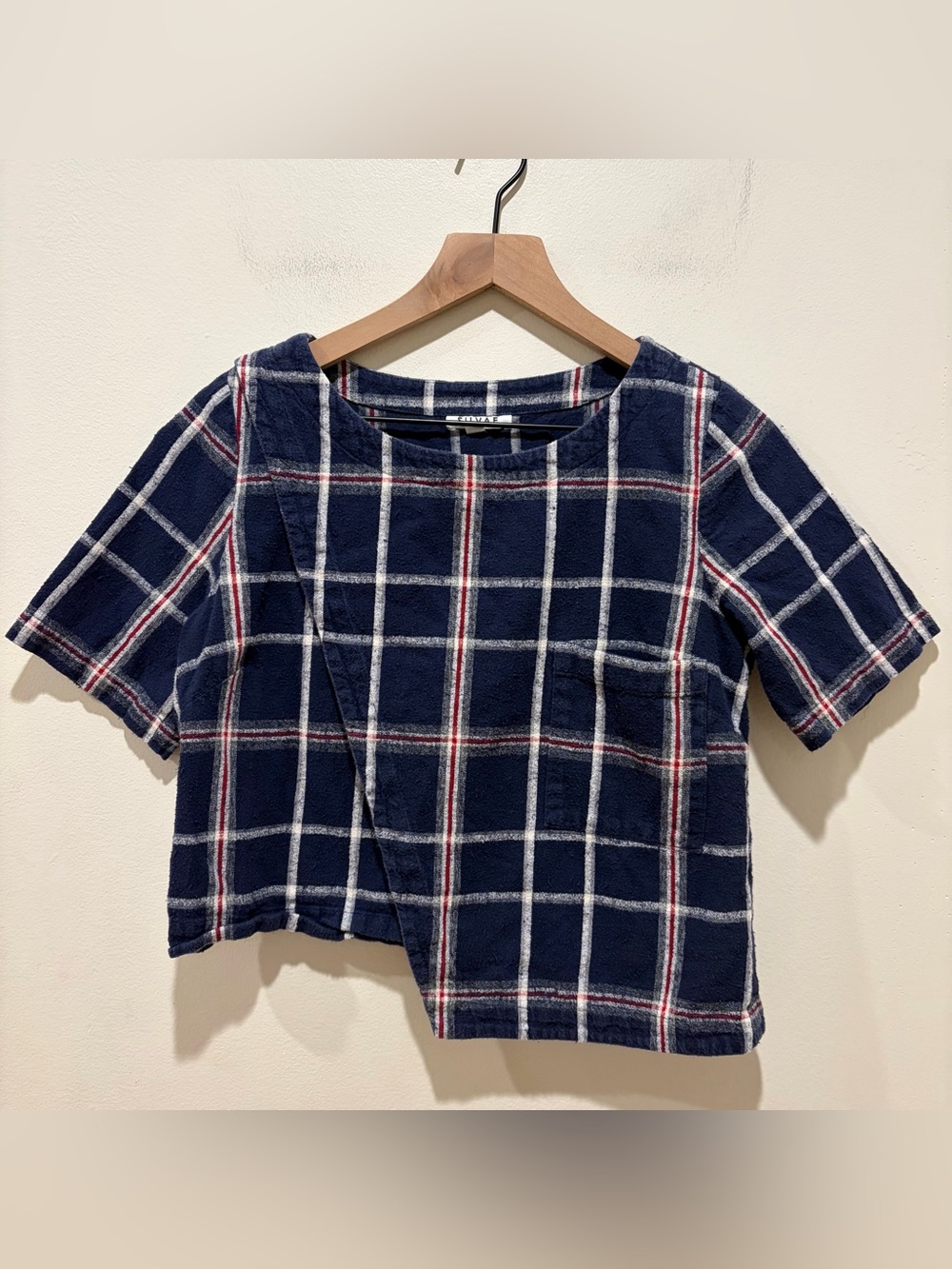 Silvae Blue, White & Red Plaid Wrap Front Overlap Off Centered Hem Top - Small